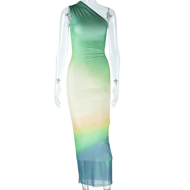 One shoulder gradient hollow out cut out maxi dress