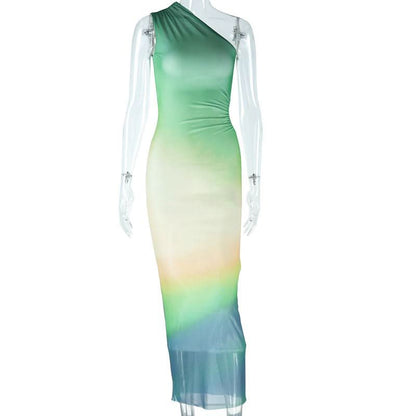 One shoulder gradient hollow out cut out maxi dress