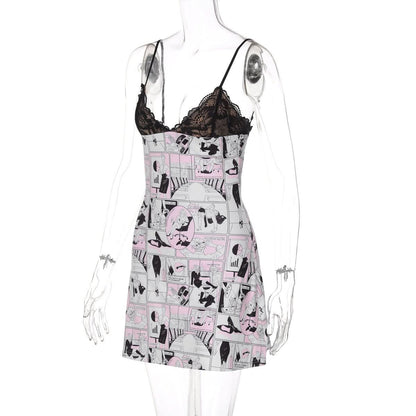 V neck abstract lace cami mini dress