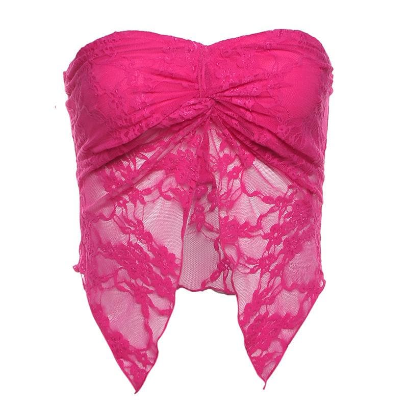 Lace ruched slit ruffle solid tube top