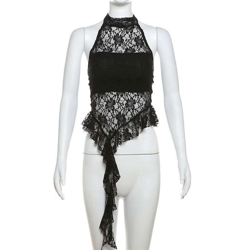 Halter mesh ruffle backless top