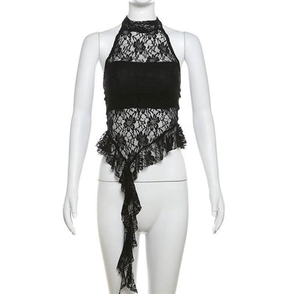 Halter mesh ruffle backless top