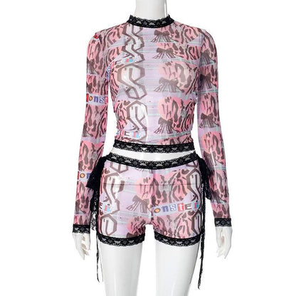 Long sleeve lace hem abstract print self tie short pant set