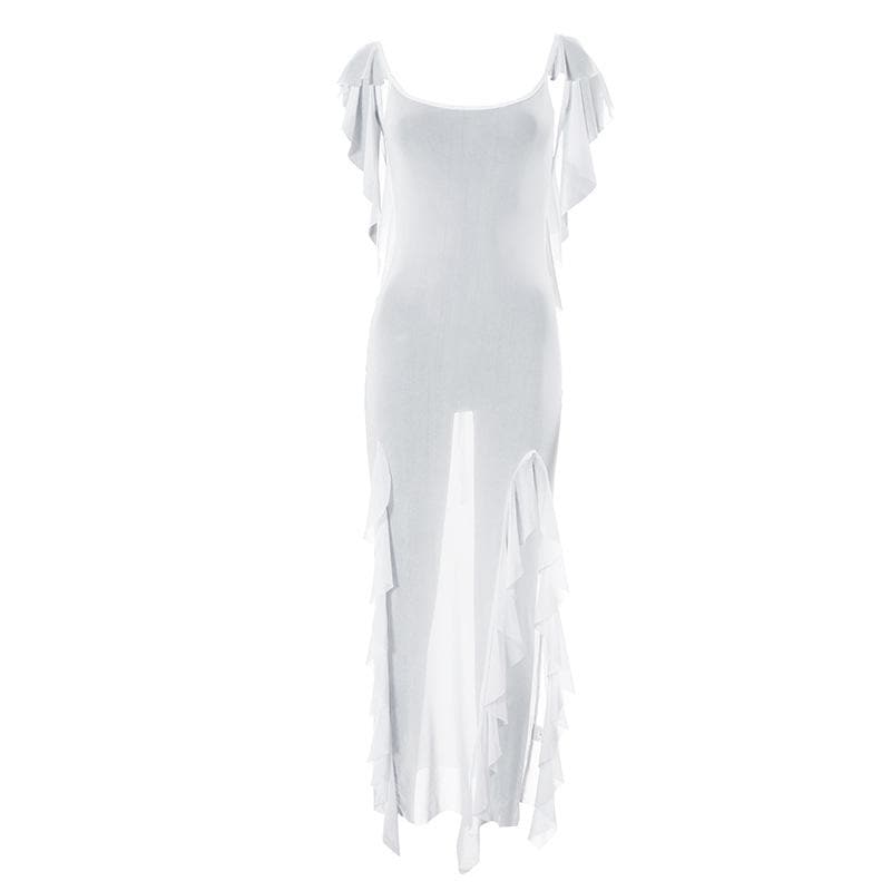 Sheer mesh see through backless ruffle slit cap sleeve maxi dress
