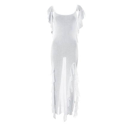 Sheer mesh see through backless ruffle slit cap sleeve maxi dress