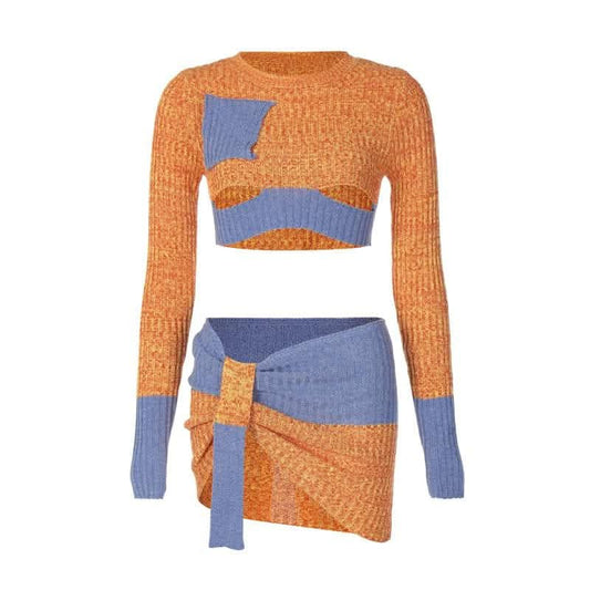 Knitted patchwork contrast long sleeve hollow out mini skirt set-final-sale