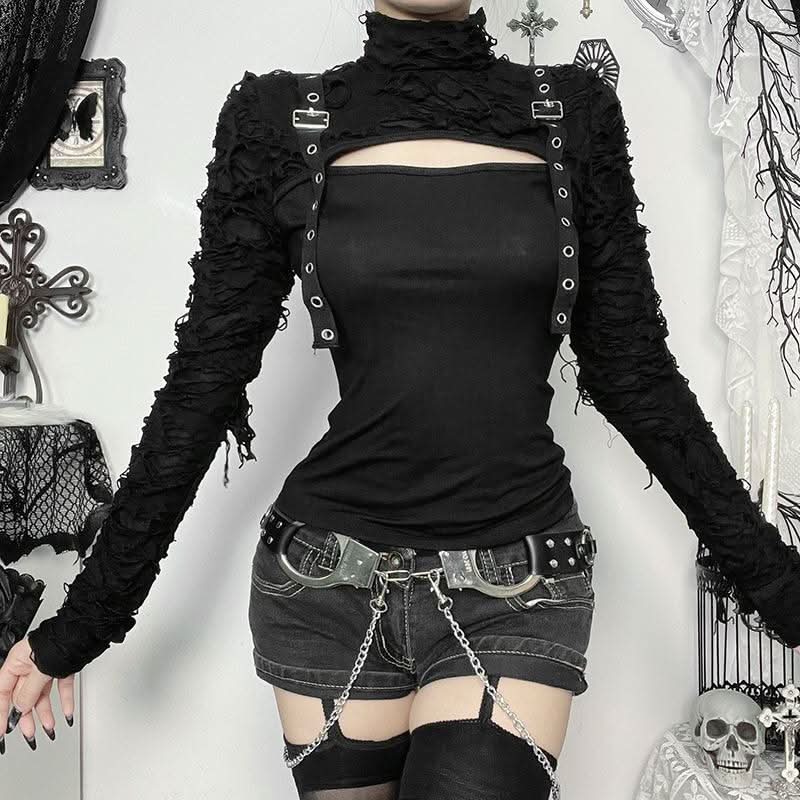 Long sleeve high neck hollow out buckle cut out top
