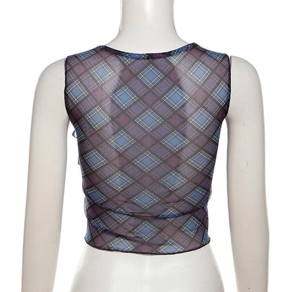 V neck plaid print bowknot crop top
