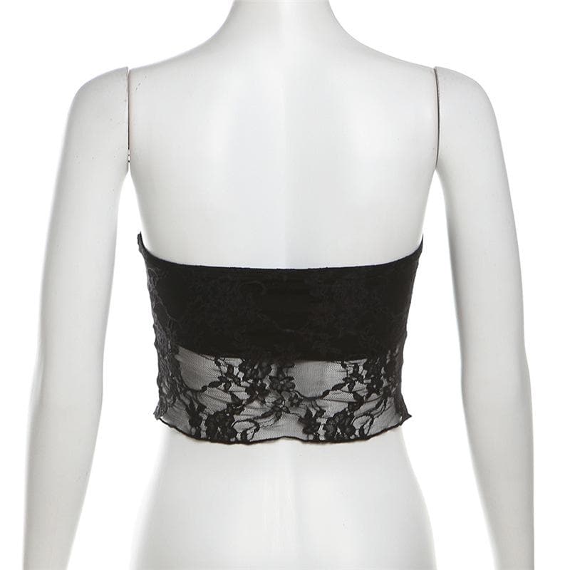 Lace ruched slit ruffle solid tube top