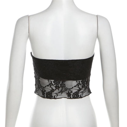 Lace ruched slit ruffle solid tube top