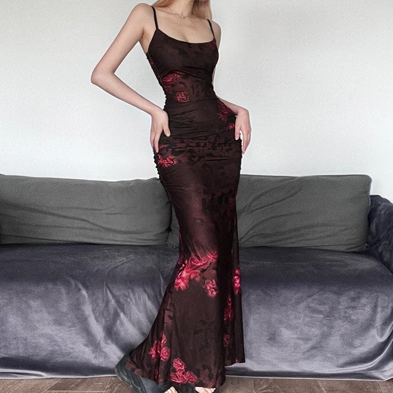 Mesh Overlay Ruched Side Slit Maxi Dress