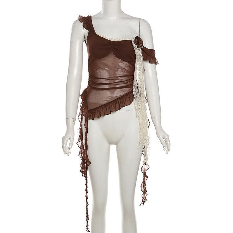 Flower applique lace hem mesh irregular cami top