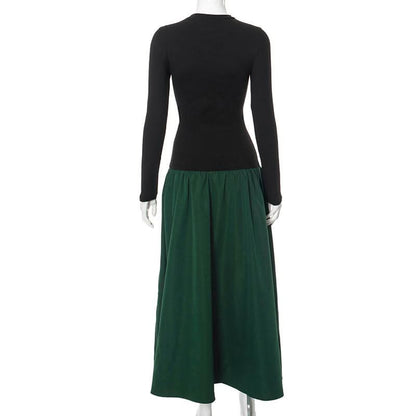 Long sleeve crewneck patchwork ruched maxi dress