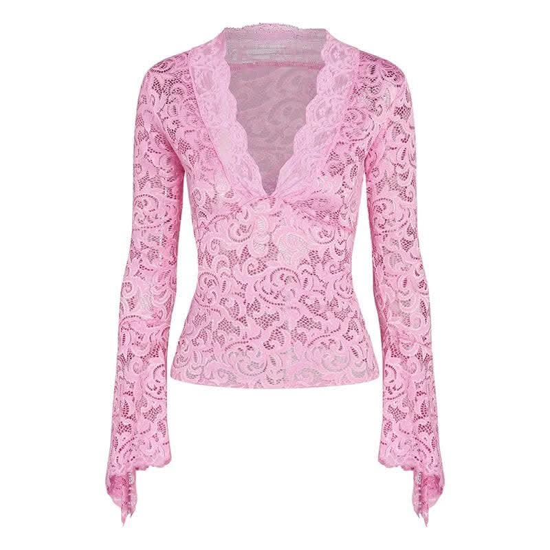 Flared sleeve v neck lace see through solid top-final-sale