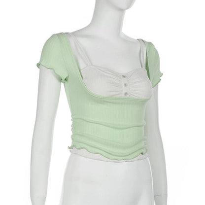 Short sleeve patchwork ruched ruffle top