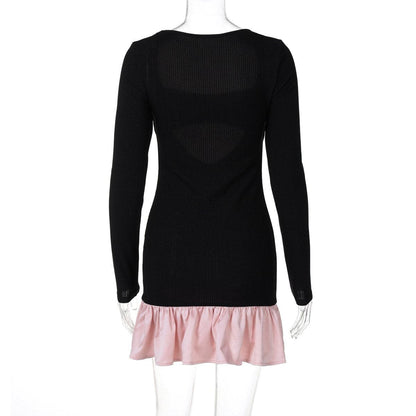 Long sleeve ribbed hollow out cut out mini dress