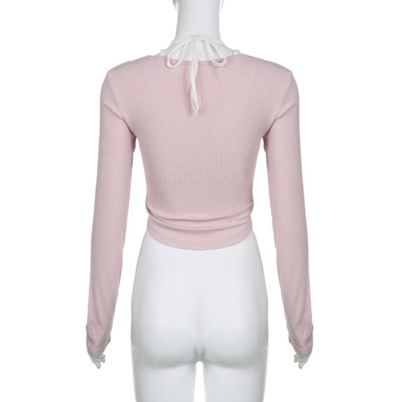 Long sleeve halter contrast lace hem self tie button crop top