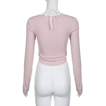 Long sleeve halter contrast lace hem self tie button crop top