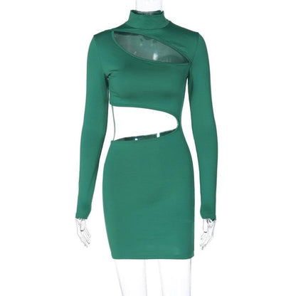 Mock Neck Long Sleeve Asymmetrical Cutout Bodycon Mini Dress