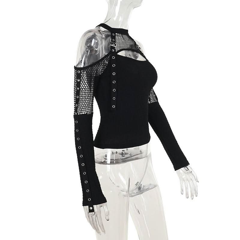 Off shoulder long sleeve fishnet patchwork buckle top