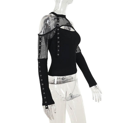Off shoulder long sleeve fishnet patchwork buckle top