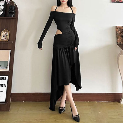 Halter long sleeve off shoulder hollow out cut out maxi dress