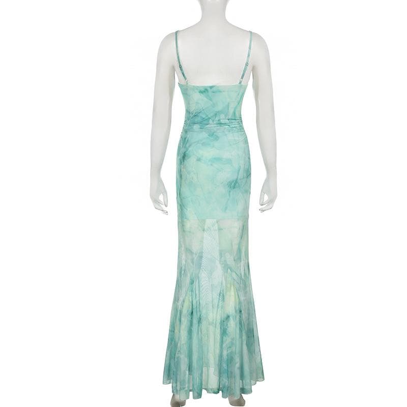 Lace hem print mesh knotted ruched cami maxi dress