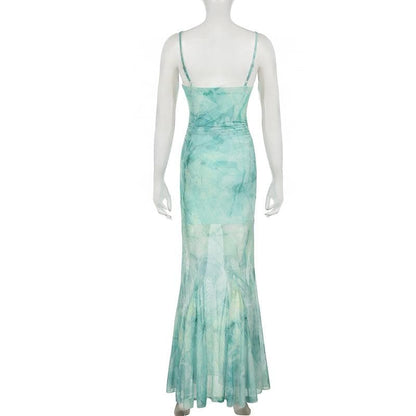 Lace hem print mesh knotted ruched cami maxi dress