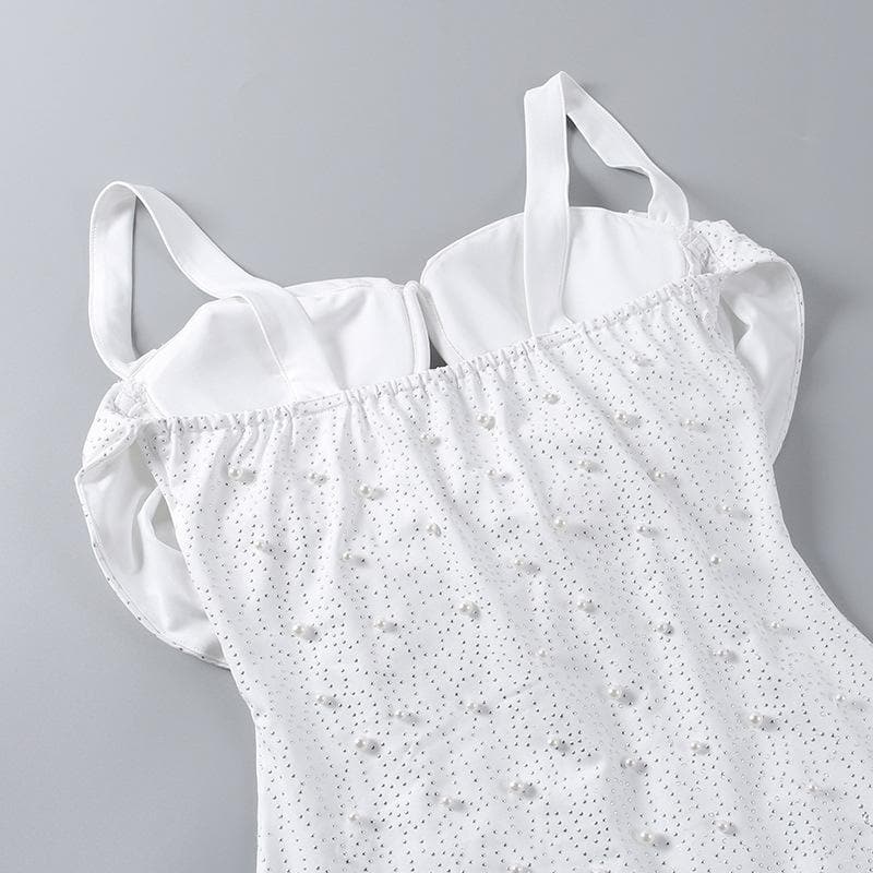 Cowl Overlay Sweetheart Cutout Rhinestone Pearl Beaded Sleeveless Mini Dress