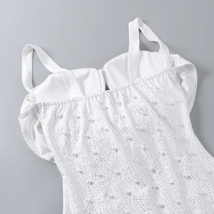 Cowl Overlay Sweetheart Cutout Rhinestone Pearl Beaded Sleeveless Mini Dress