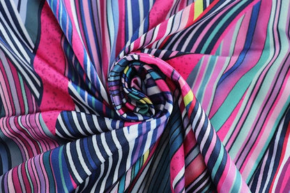 Abstract Stripe Print Point Collar Plunging V-Neck Lace Panel Mini Dress