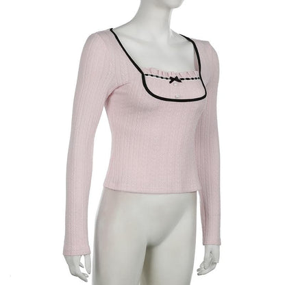 Long sleeve ruffle bowknot ribbed top