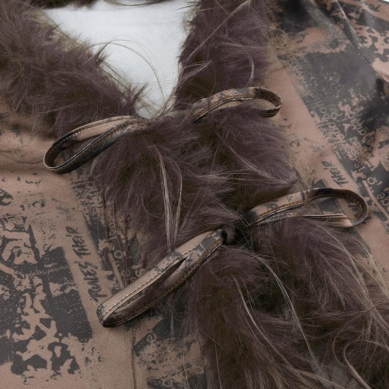 Feather patchwork long sleeve contrast self tie top