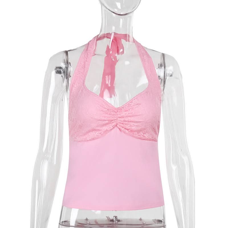 Halter self tie lace v neck ruched backless top