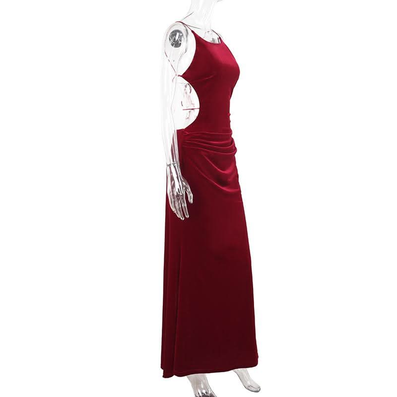 Self tie velvet ruched spaghetti strap maxi dress
