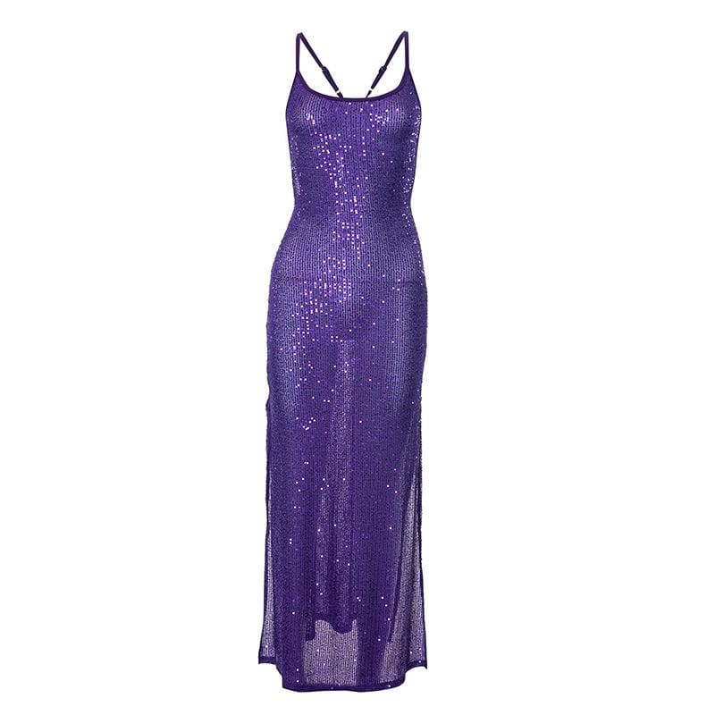 Glitter u neck see through backless cami maxi dress