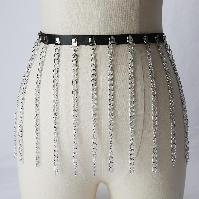 PU leather metal chain tassels belt