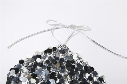 Halter self tie glitter backless textured crop top