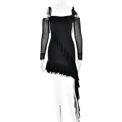 Ruffle self tie irregular off shoulder mesh long sleeve mini dress