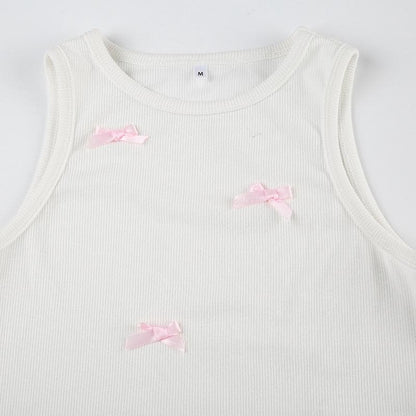 Crewneck bowknot ribbed sleeveless tank top