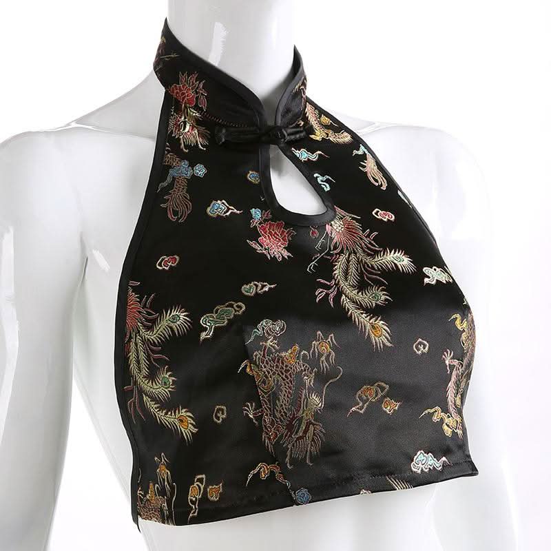 Halter backless self tie embroidery crop top