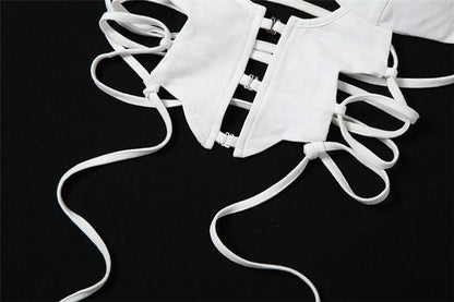 Button hollow out v neck halter backless lace up crop cut out top