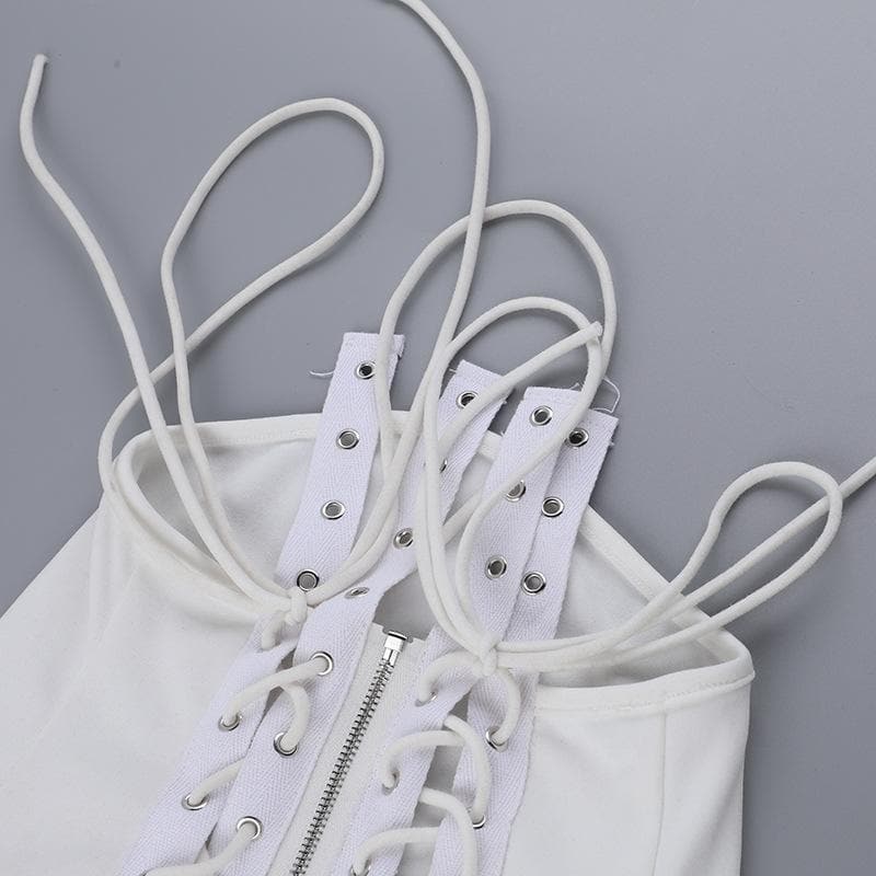 Lace up zip-up backless solid cami top