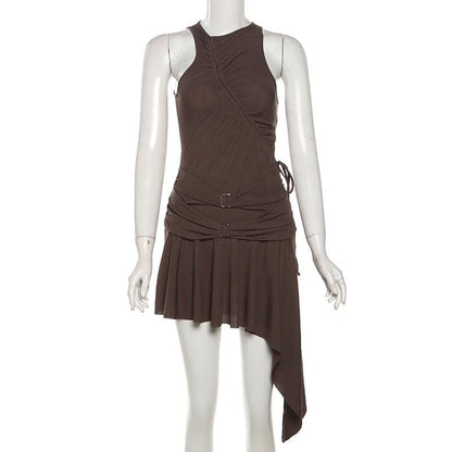 Irregular ruched drawstring buckle tank mini dress