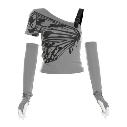 Irregular short sleeve gloves butterfly print top