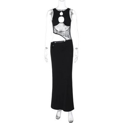 Sleeveless hollow out mesh cut out maxi dress