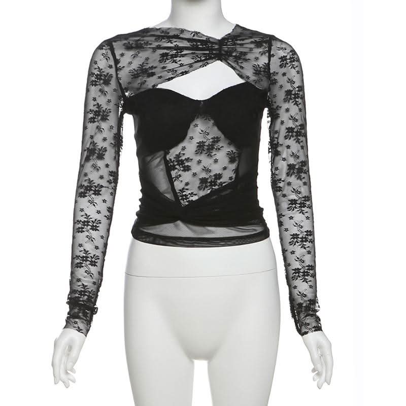 Long sleeve hollow out ruched lace cut out top