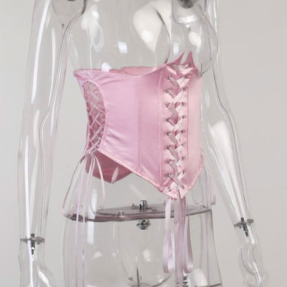 Lace up self tie solid corset top