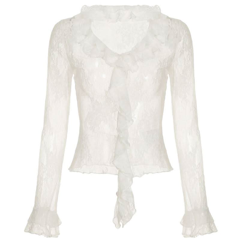 Long sleeve ruffle lace see through top