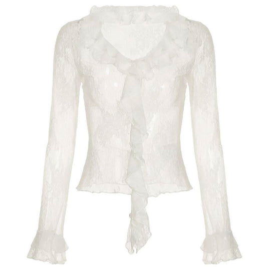 Long sleeve ruffle lace see through top